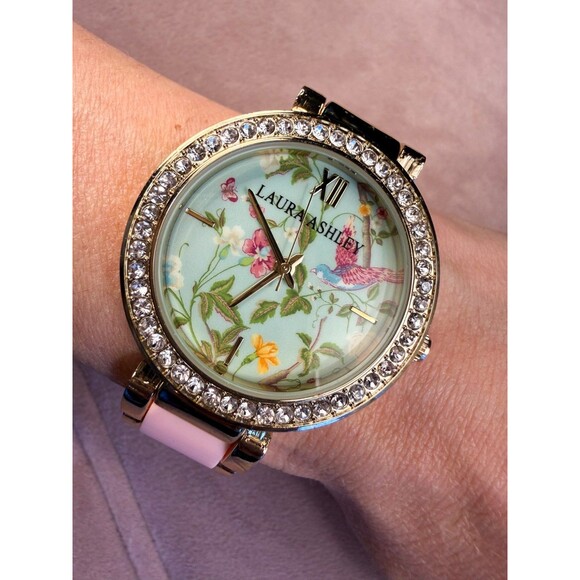 Laura Ashley Women\'s Duck Egg Floral Crystal Bezel Watch Pink Green New Battery main image 4